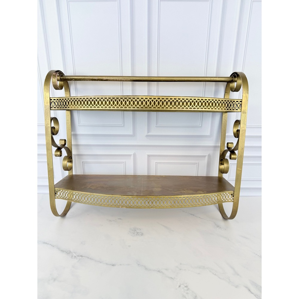 Vintage 1960s MCM Bathroom Shelf w/Towel Bar Reticulated Gold Tone Scroll Edges